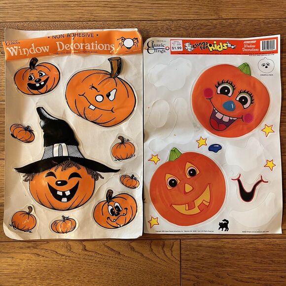 Vintage Halloween Window Cling Sets Cute Pumpkin Jack O Lanterns - Picture 1 of 4